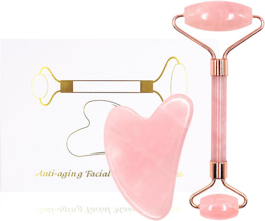 Rose Quartz Facial Roller & Gua Sha Set - Natural Skincare Tools For Lymphatic Drainage & Facial Massage