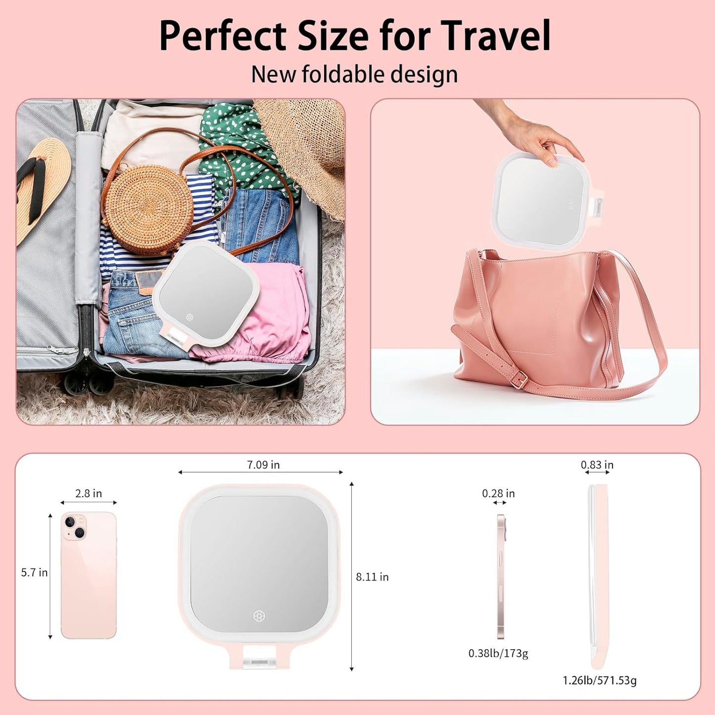Portable Rechargeable Makeup Mirror With LED Lights - Compact & Travel-Friendly Design