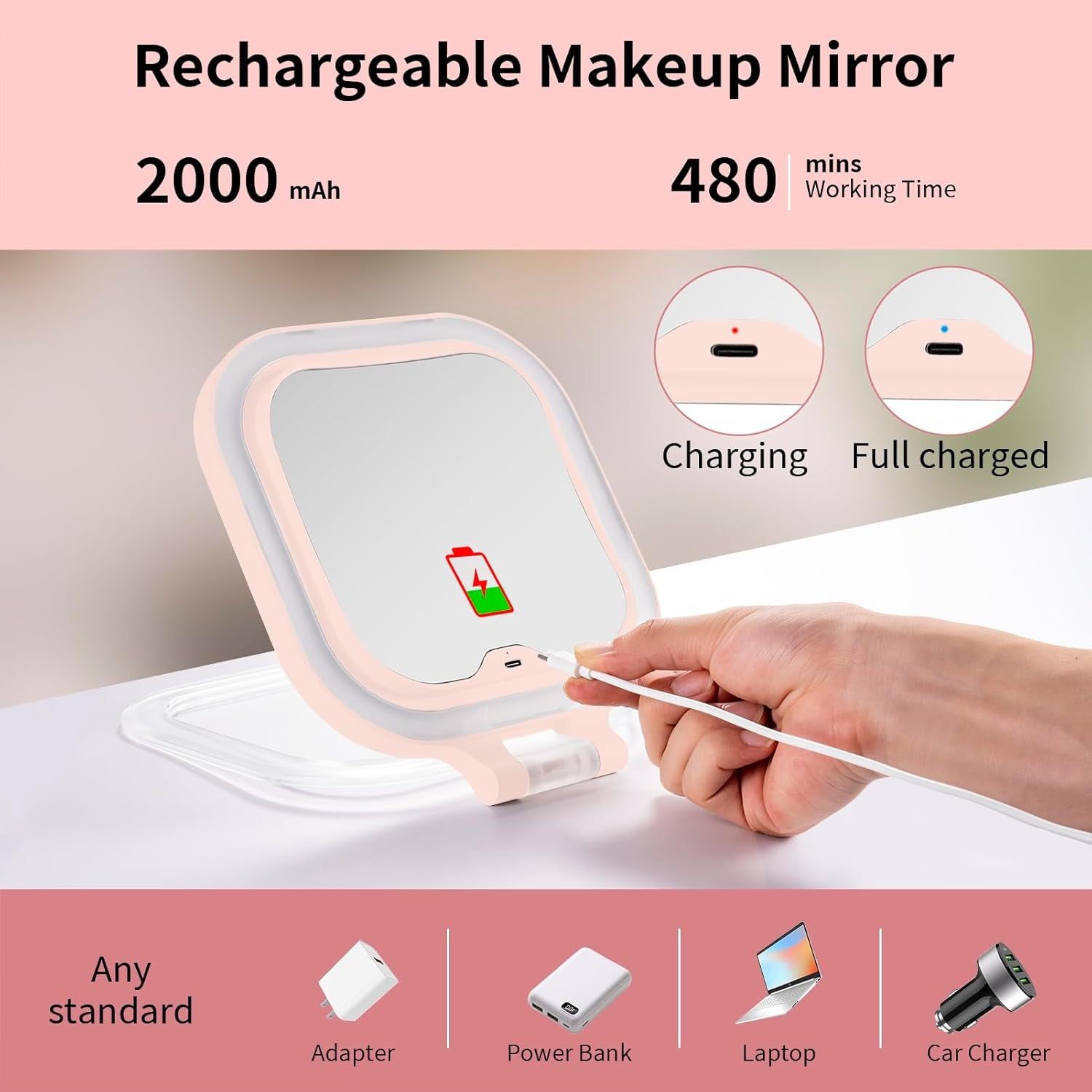 Portable Rechargeable Makeup Mirror With LED Lights - Compact & Travel-Friendly Design