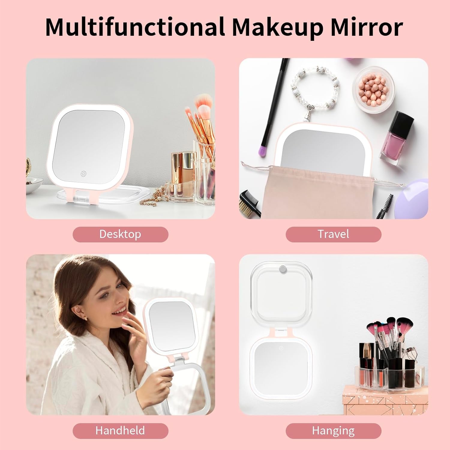 Portable Rechargeable Makeup Mirror With LED Lights - Compact & Travel-Friendly Design