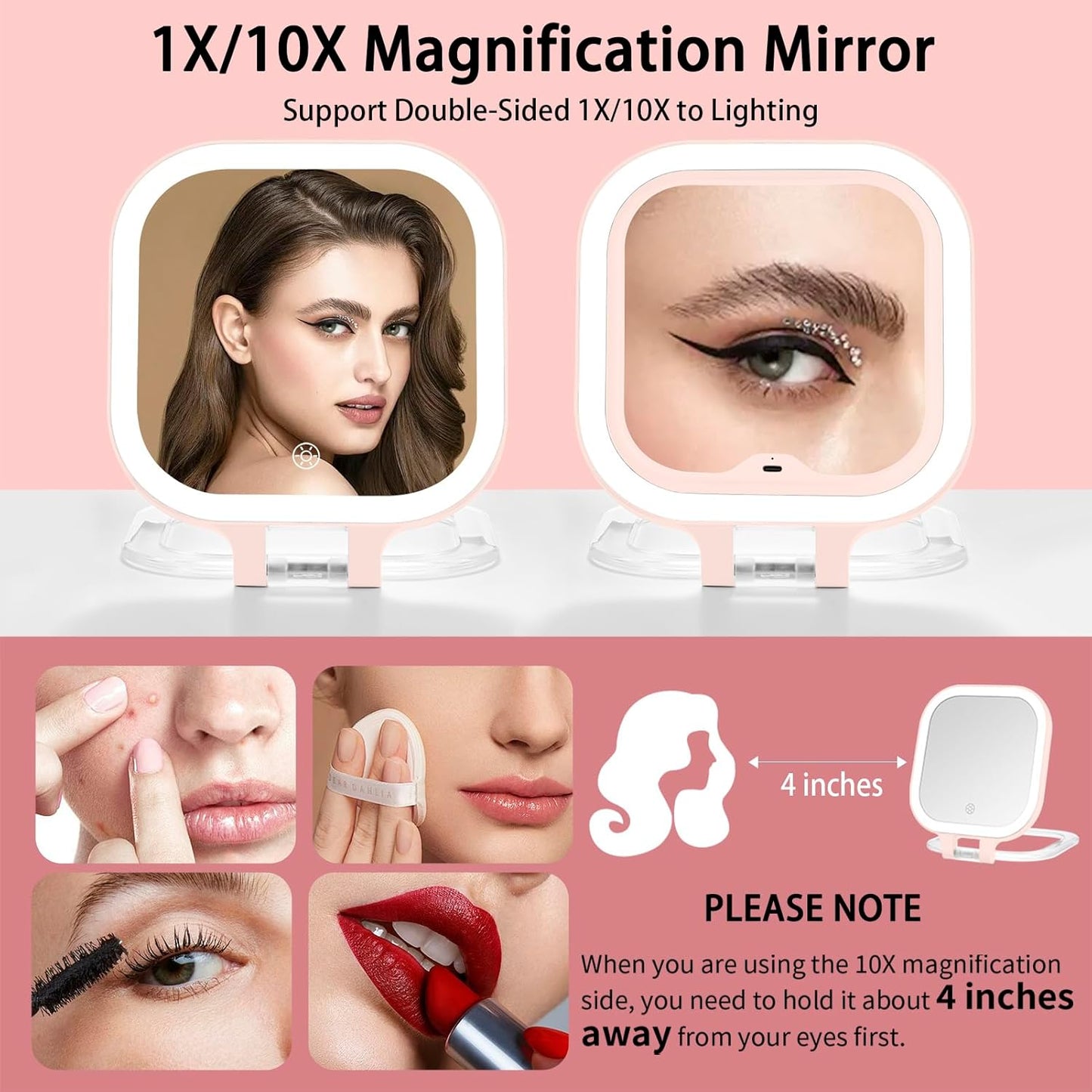Portable Rechargeable Makeup Mirror With LED Lights - Compact & Travel-Friendly Design